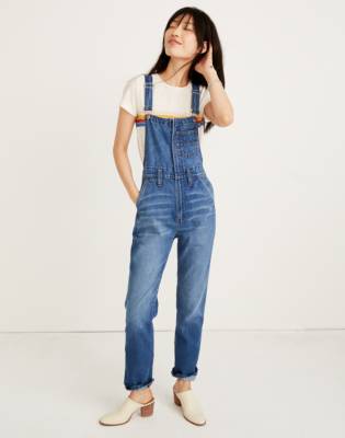 zip front denim overalls