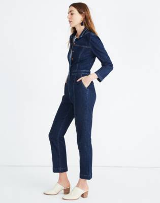 madewell denim puff sleeve jumpsuit