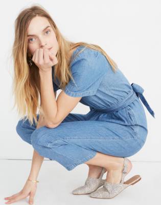 madewell denim puff sleeve jumpsuit