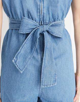 madewell denim puff sleeve jumpsuit