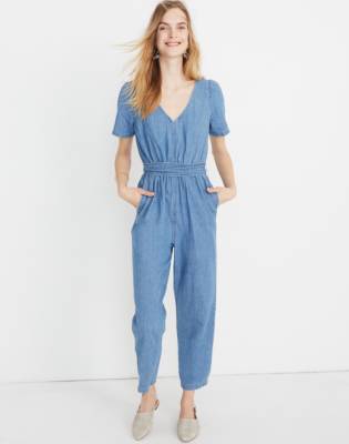 madewell denim puff sleeve jumpsuit