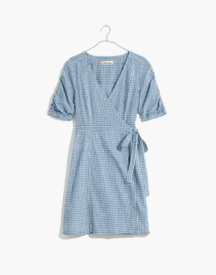 blue gingham wrap dress