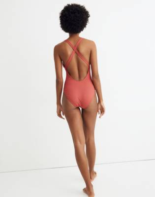 Madewell Second Wave Ribbed Crisscross One-Piece Swimsuit in new copper image 3