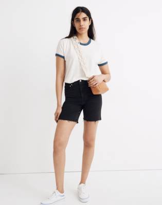 high rise mid length denim shorts