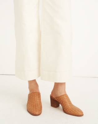 brown woven leather mules