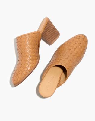 brown woven leather mules