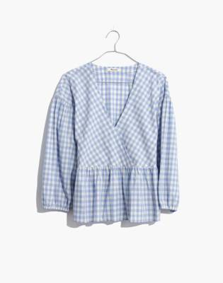 Bubble-Sleeve Peplum Top in Gingham Check