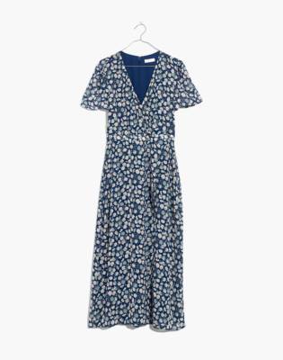 blue floral wrap midi dress