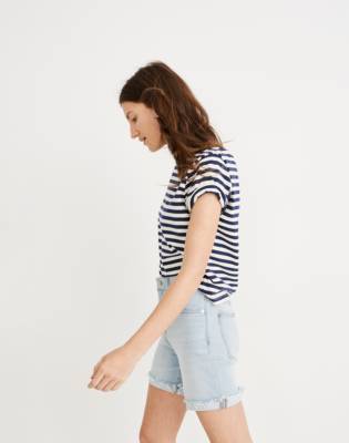 high rise mid length denim shorts