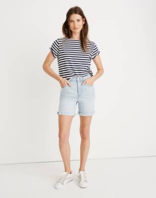 high rise mid length denim shorts