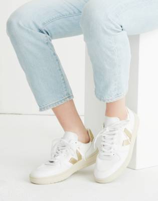 Lace-Up Sneakers in White with Gold Accents