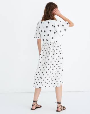 white and black polka dot midi dress
