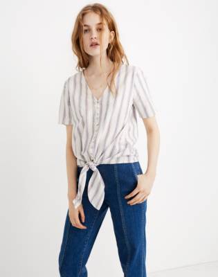 Image of Agency Tie-Front Button Top in Sarasota Stripe