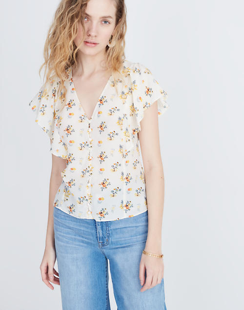 Silk Carmelina Flutter-Sleeve Top in Countryside Blooms