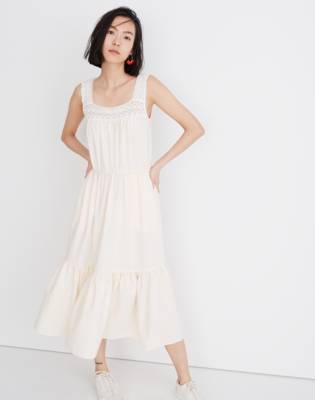white tiered midi dress