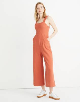 madewell denim ruffle strap jumpsuit
