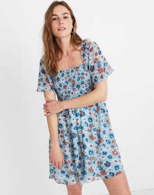 Flutter-Sleeve Smocked Dress in Wildflower Garden