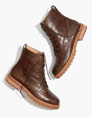Clair Lace-Up Boot in Croc Embossed Leather