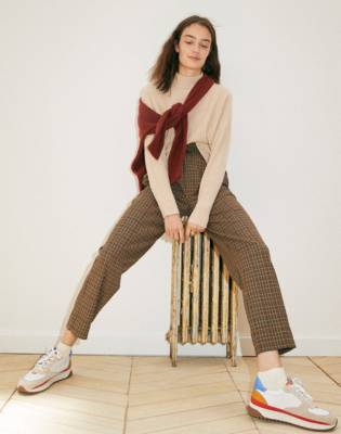Plaid Paperbag Tapered Pants in grove houndstooth seed khaki image 4