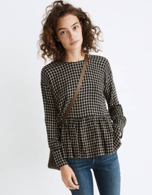 Button-Back Peplum Top in Mini Windowpane