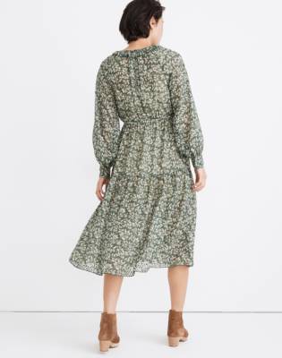 Ruffle-Neck Tiered Midi Dress in Forest Leaves in vert romantic floral forest image 3