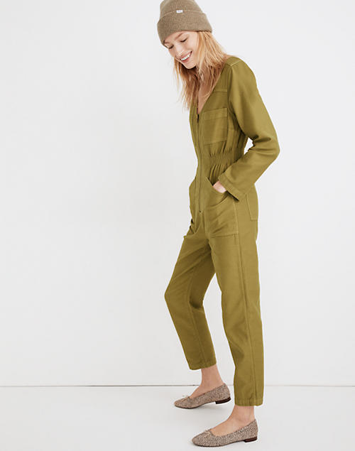 Garment-Dyed Patch Pocket Coverall Jumpsuit in muted olive image 2