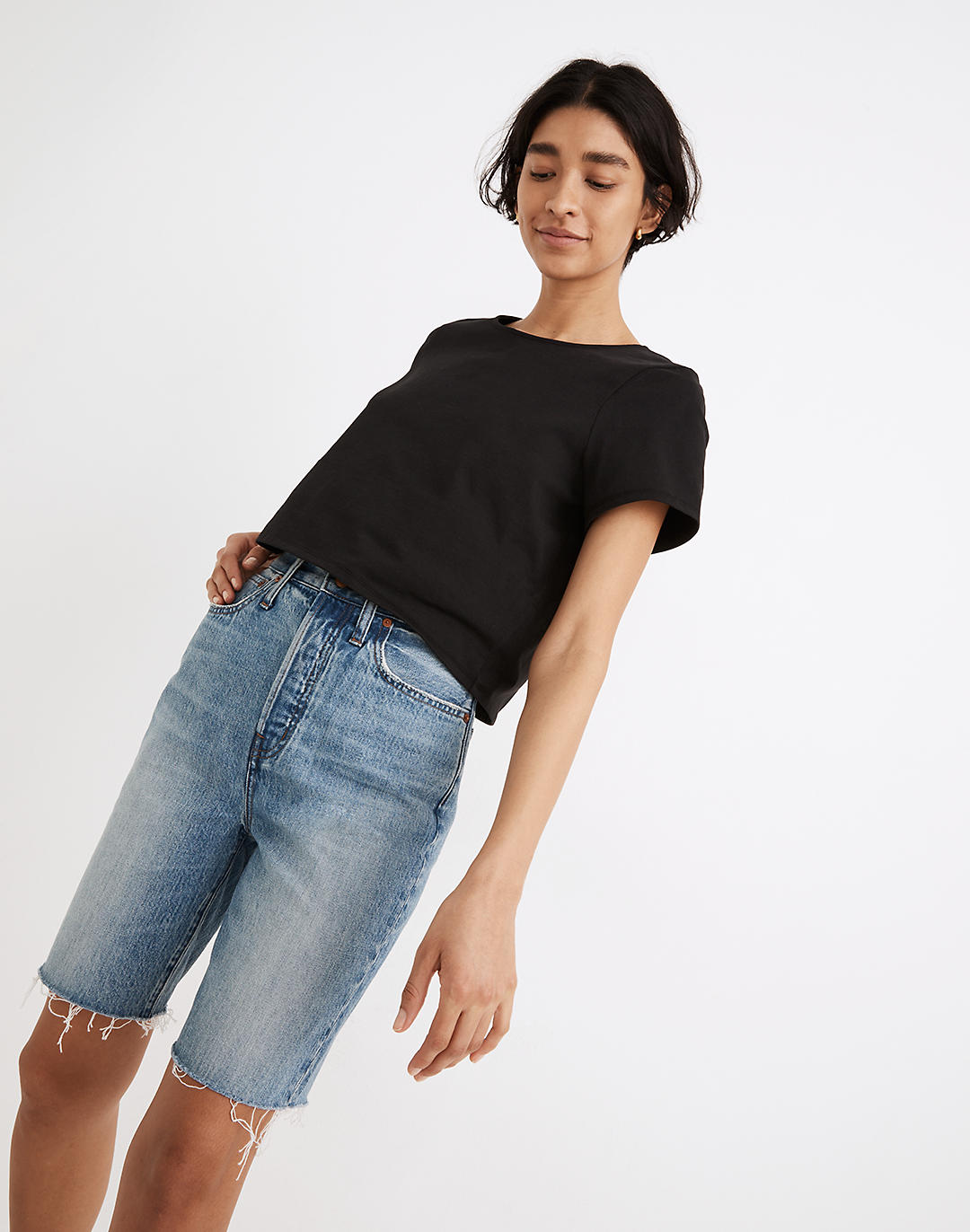 High-Rise Long Denim Shorts in Brightwater Wash