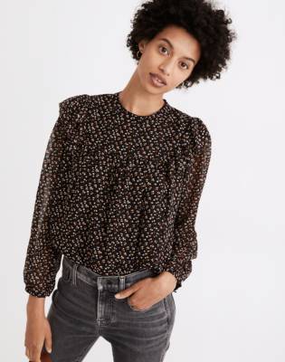Georgette Mockneck Ruffle-Yoke Puff-Sleeve Top in true black image 2