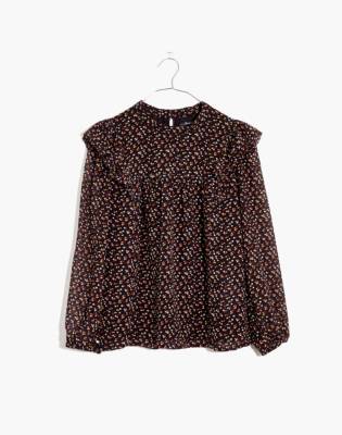 Georgette Mockneck Ruffle-Yoke Puff-Sleeve Top in true black image 5