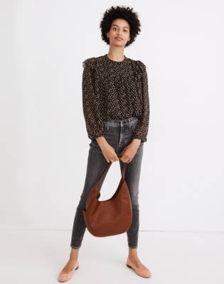 Georgette Mockneck Ruffle-Yoke Puff-Sleeve Top in true black image 1