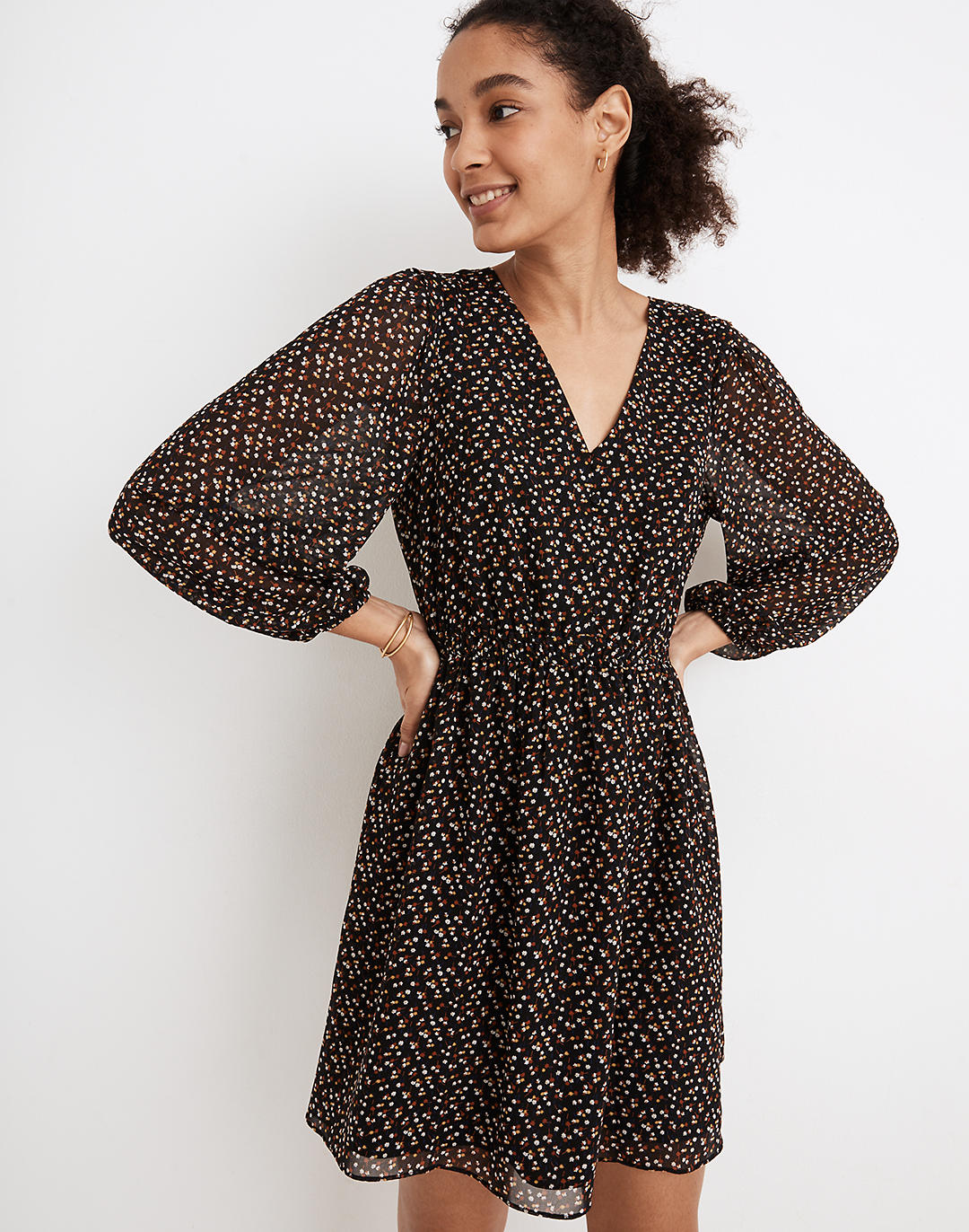 (Re)sourced Georgette Button-Front Mini Dress in Adorable Ditsy in true black image 1