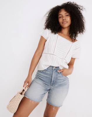 high rise mid length denim shorts