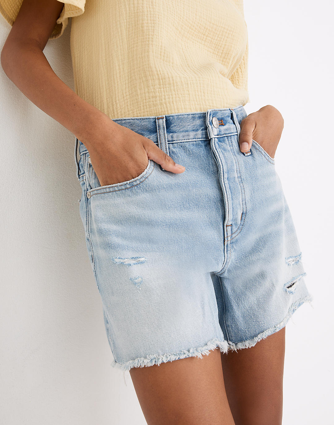 Relaxed Mid Length Denim Shorts In Selton Wash Ripped Edition