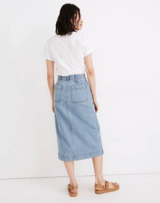 stretchy denim midi skirt