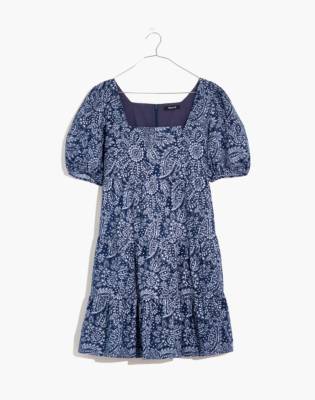 Poplin Puff-Sleeve Tiered Babydoll Dress in Paisley Garden