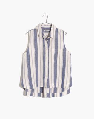 blue and white striped sleeveless shirt