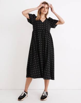 MADEWELL DOBBY PUFF-SLEEVE V-NECK MIDI DRESS
