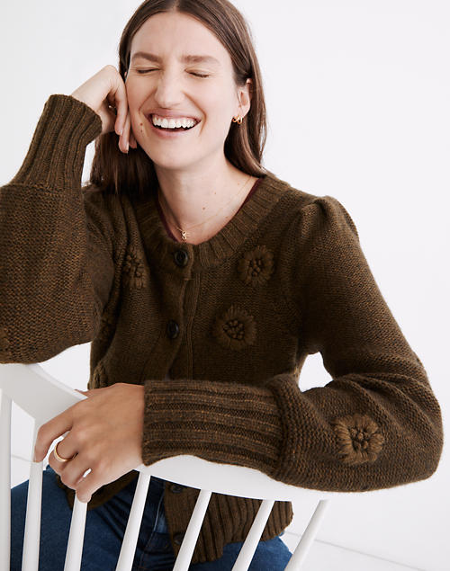Embroidered Edencroft Pleat-Sleeve Cardigan Sweater
