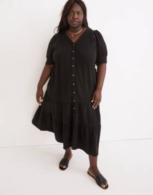 Mw Plus Lightspun Button-front Tiered Midi Dress In True Black