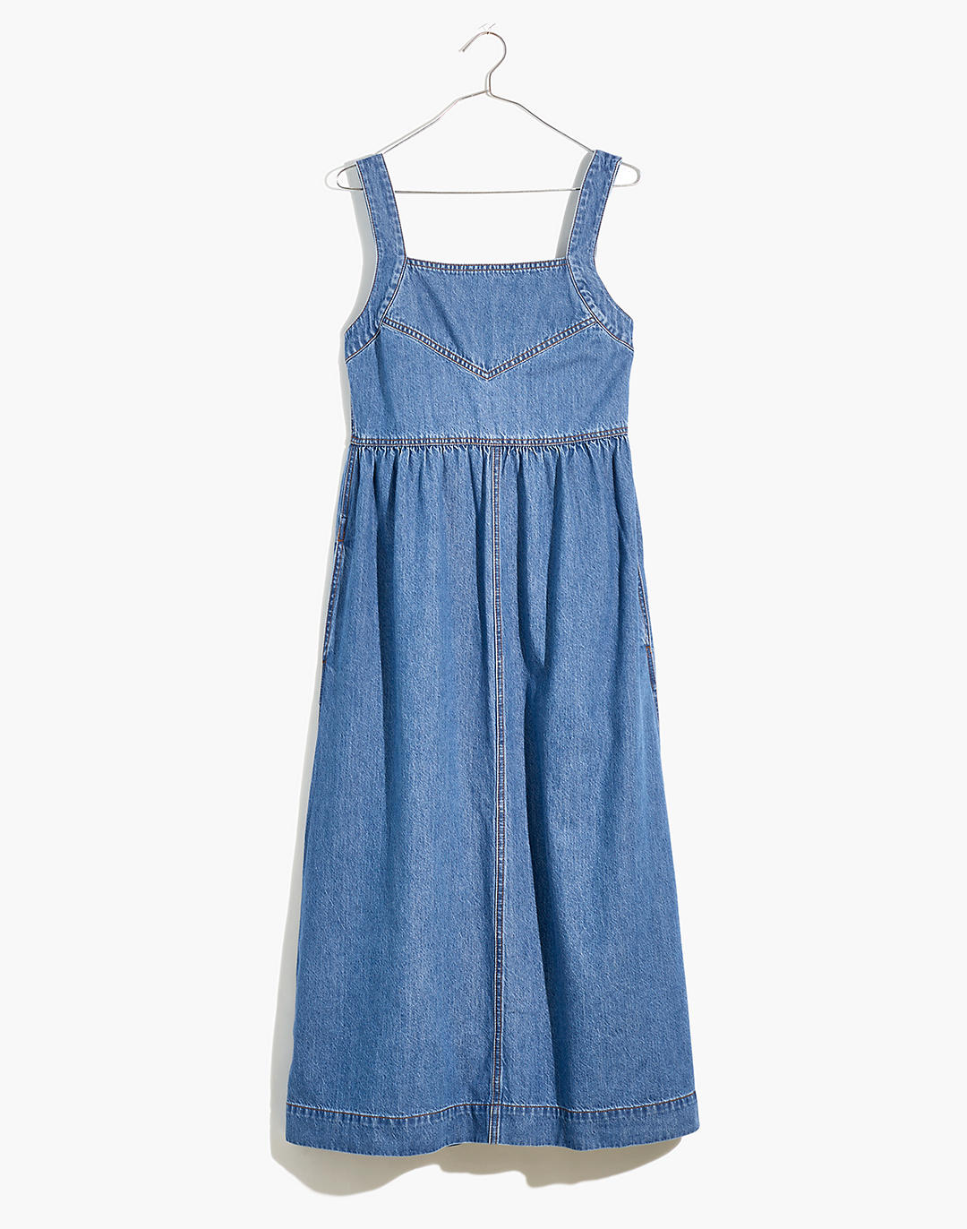 MW Petite Denim Apron Midi Dress In Clemons Wash in Blue Womens Clothing Dresses Casual and day dresses 