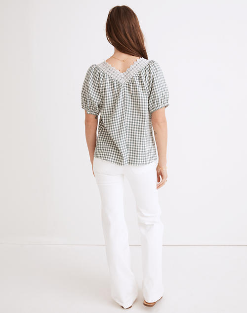 XXS Embroidered Linen-Blend Swing Top in Gingham Check