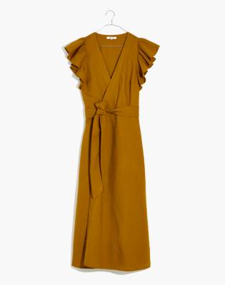 Linen-Blend Ruffle-Sleeve Wrap Midi Dress