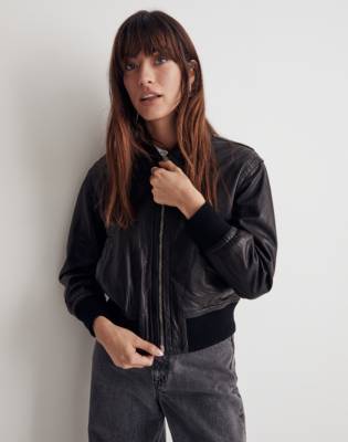 Washed Leather Crop Bomber Jacket