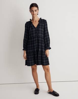 Tie-Neck Tiered Mini Dress in Plaid