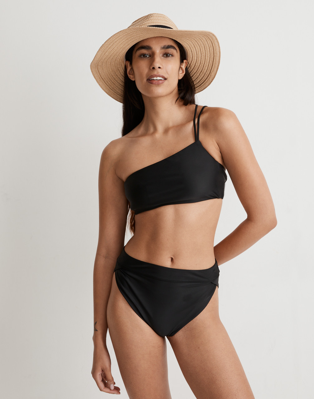 Mw Double-strap One-shoulder Bikini Top In True Black