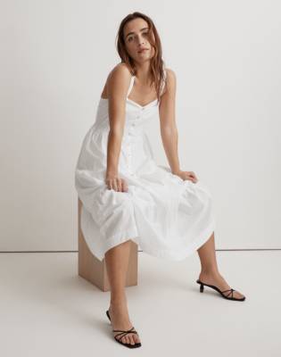 Seersucker One-Shoulder Puff-Sleeve Midi Dress